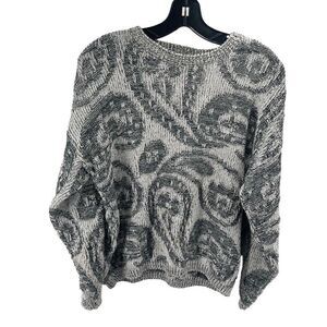 Flyer vintage Womens Pullover Sweater Oversized Paisley Knit Long Sleeve Gray La